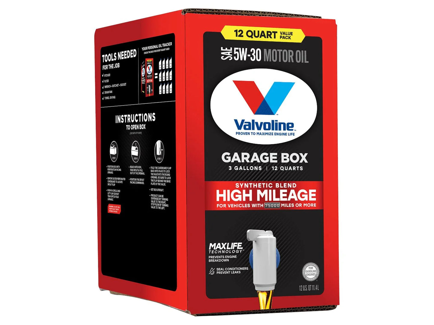 Valvoline high mileage maxlife 5w-30 synthetic blend motor oil 12 qt garage box