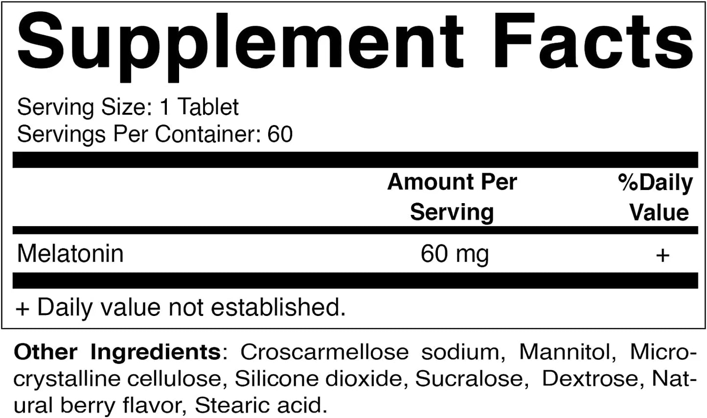 Vitamatic melatonin 60mg fast dissolve tablets - 60 vegan natural berry flavor tablets - non-habit forming - non-gmo, gluten free (2 bottles)