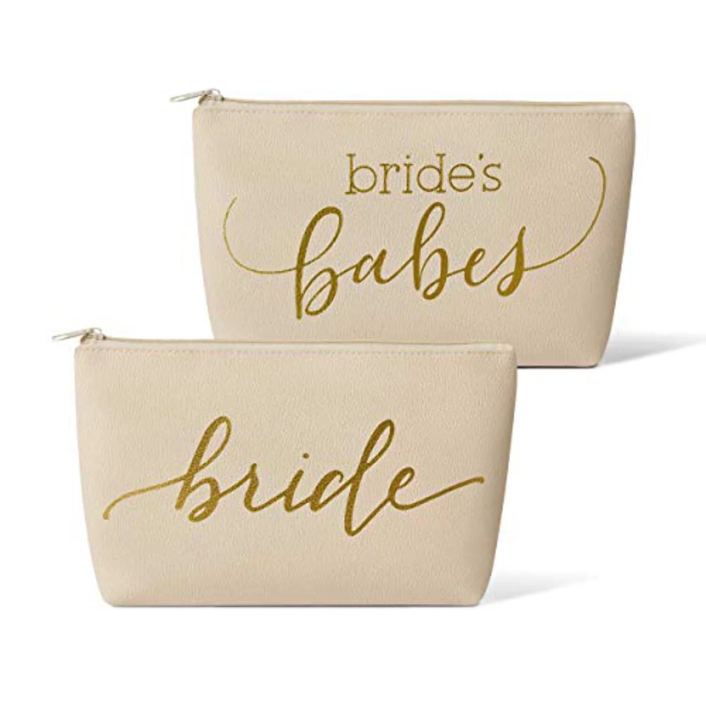 11 piece set of cream beige faux leather bride and bridal party leather makeup bags for bachelorette parties, weddings, and bridal showers