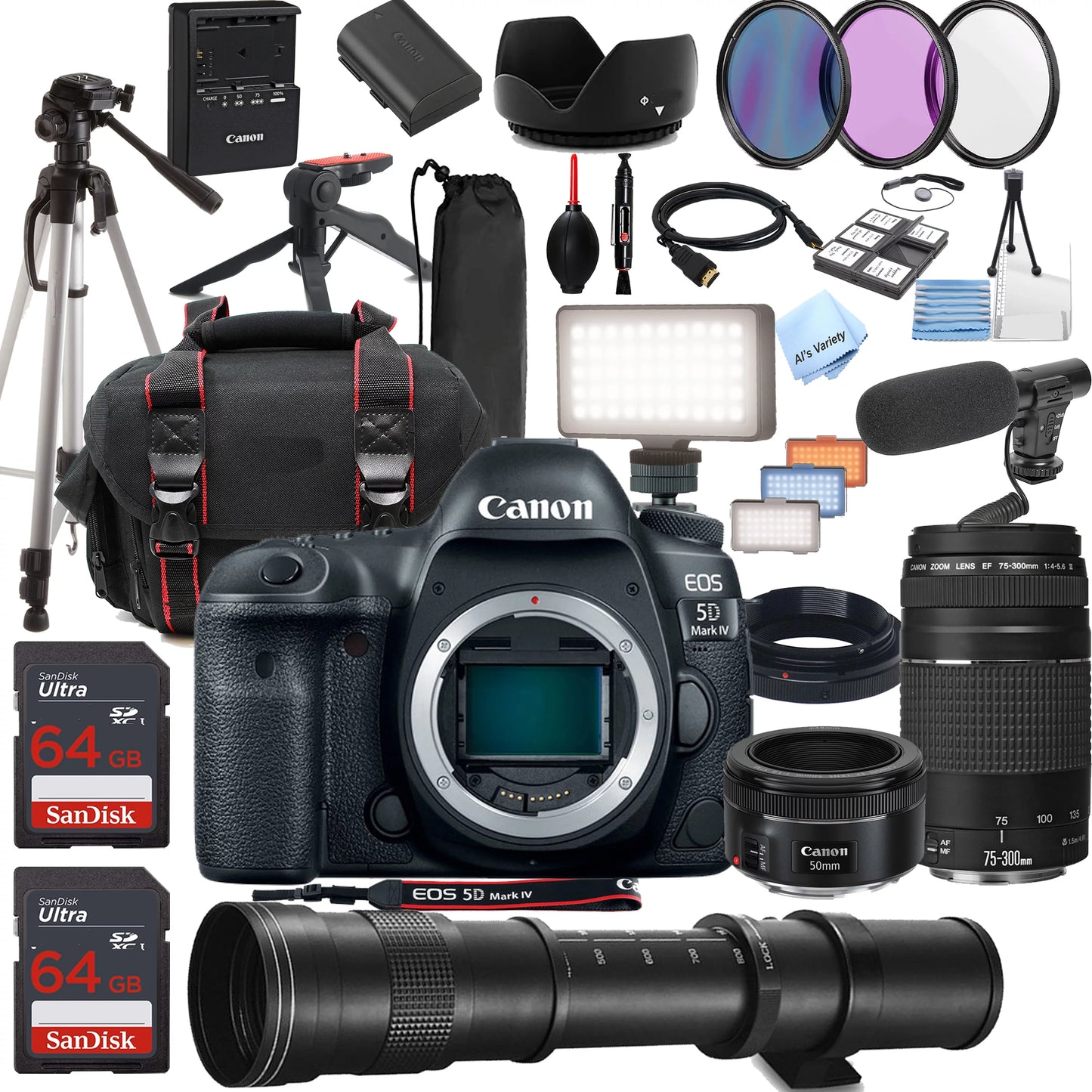 Canon eos 5d mark iv dslr camera w/ ef 50mm stm + 75-300mm + 420-800mm super telephoto lens + led always on light + 128gb memory, filters, case, tripod + more (34pc bundle kit)