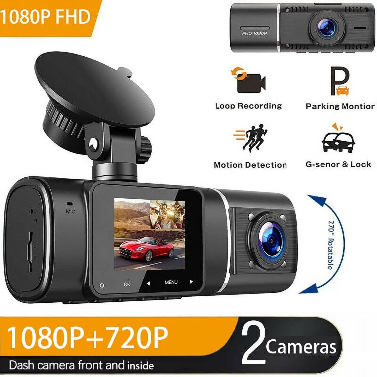 Toguard dual dash cam with ir night vision, fhd 1080p front and 720p inside cabin uber dash camera, 1.5 inch lcd screen