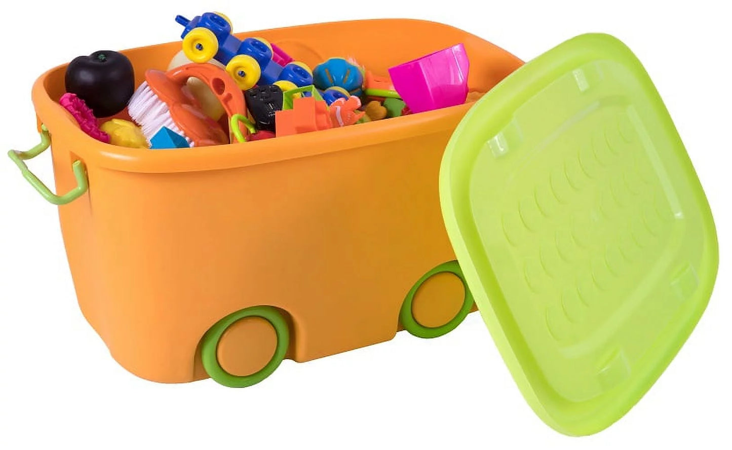 Stackable toy storage box with wheels