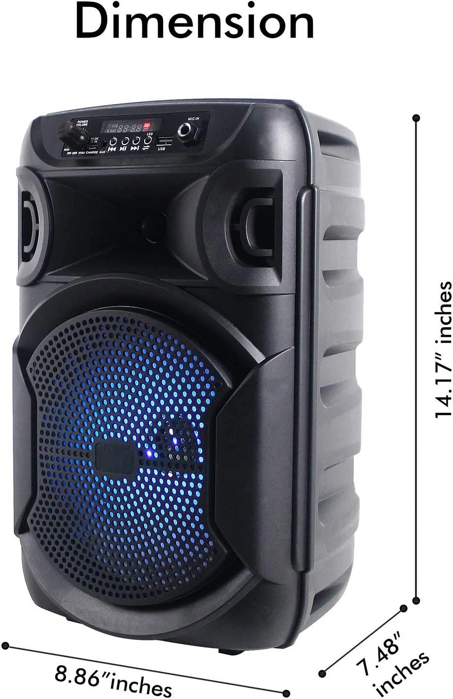 8 inch portable 500 watts bluetooth speaker w/woofer & tweeter w/digital processing, xlr to 1/4" for karaoke (black, speaker)