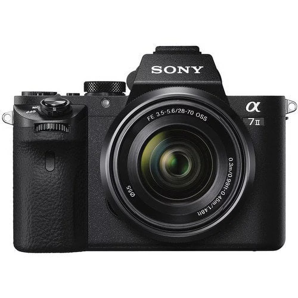 Sony alpha a7 ii mirrorless camera with fe 28-70mm f/3.5-5.6 oss lens ilce7m2k/b with bag, additional battery, rode mic, led light, 64gb memory card, sling soft bag, , plus essential accessories