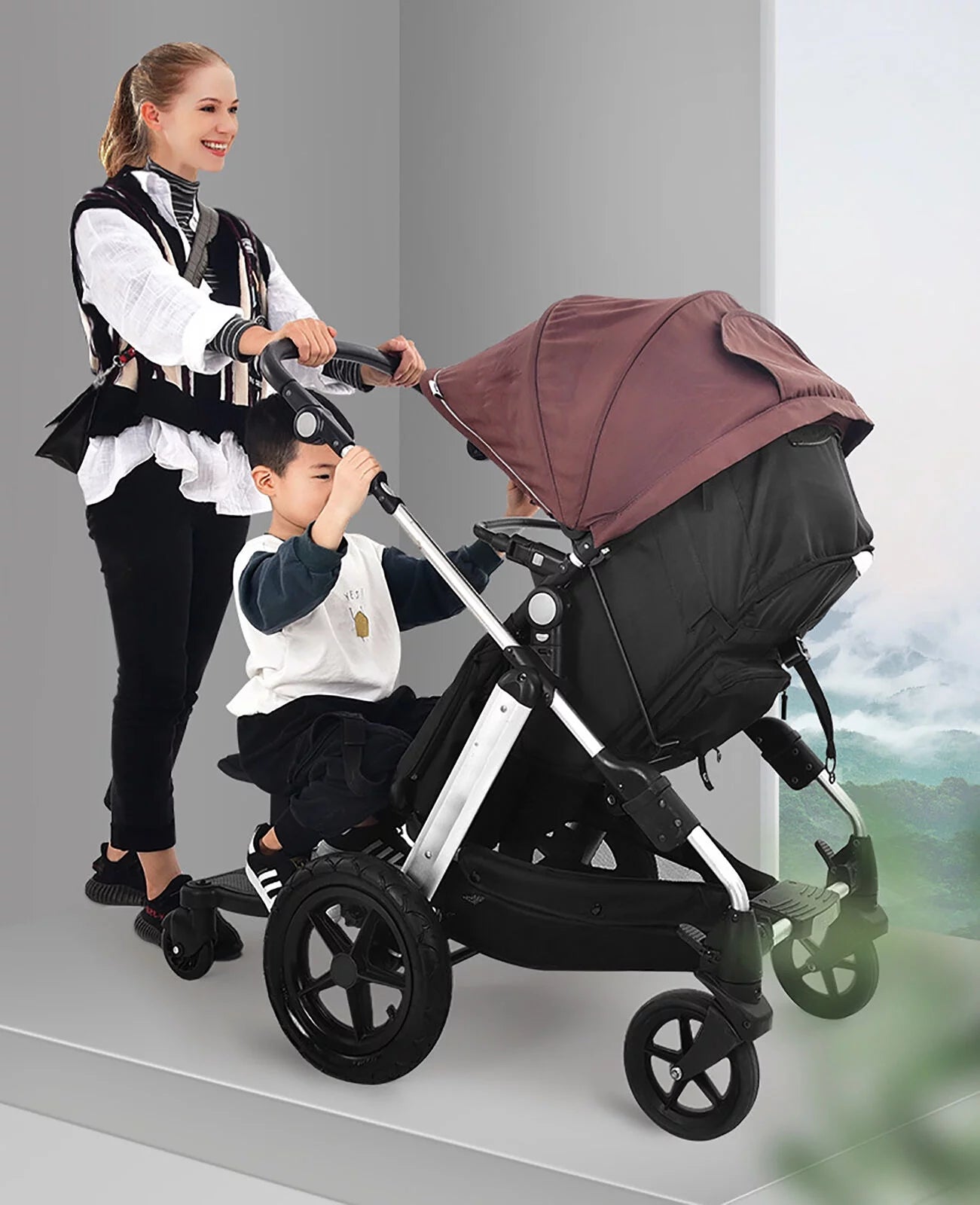 Universal stroller board 2 in 1 stroller ride board buggy wheeled board seat pedal buggy board with seat auxiliary pedal adapter pushchair connector anti-slip 25kg eco-friendly pp