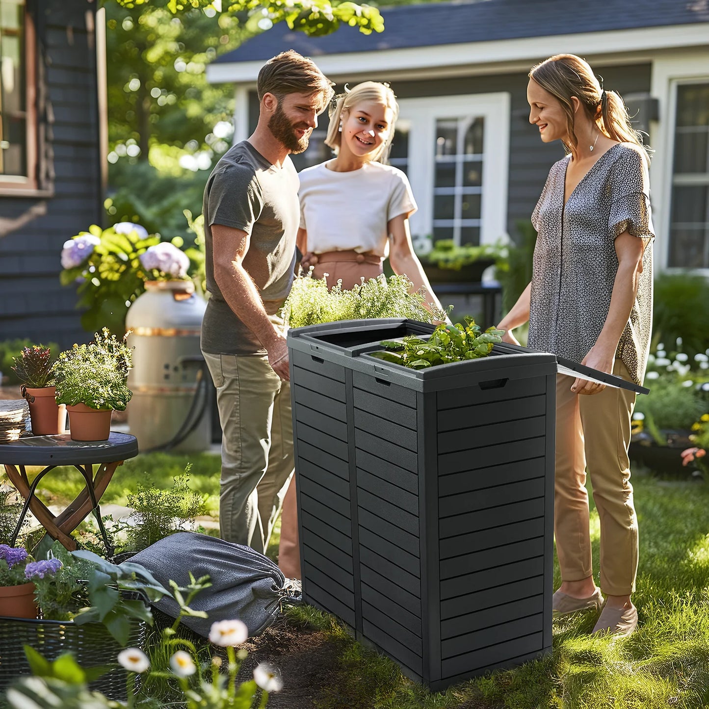 62 gallon large trash can with tiered lid and drip tray,resin outside trash bin for patio,backyard,deck outdoor kitchen