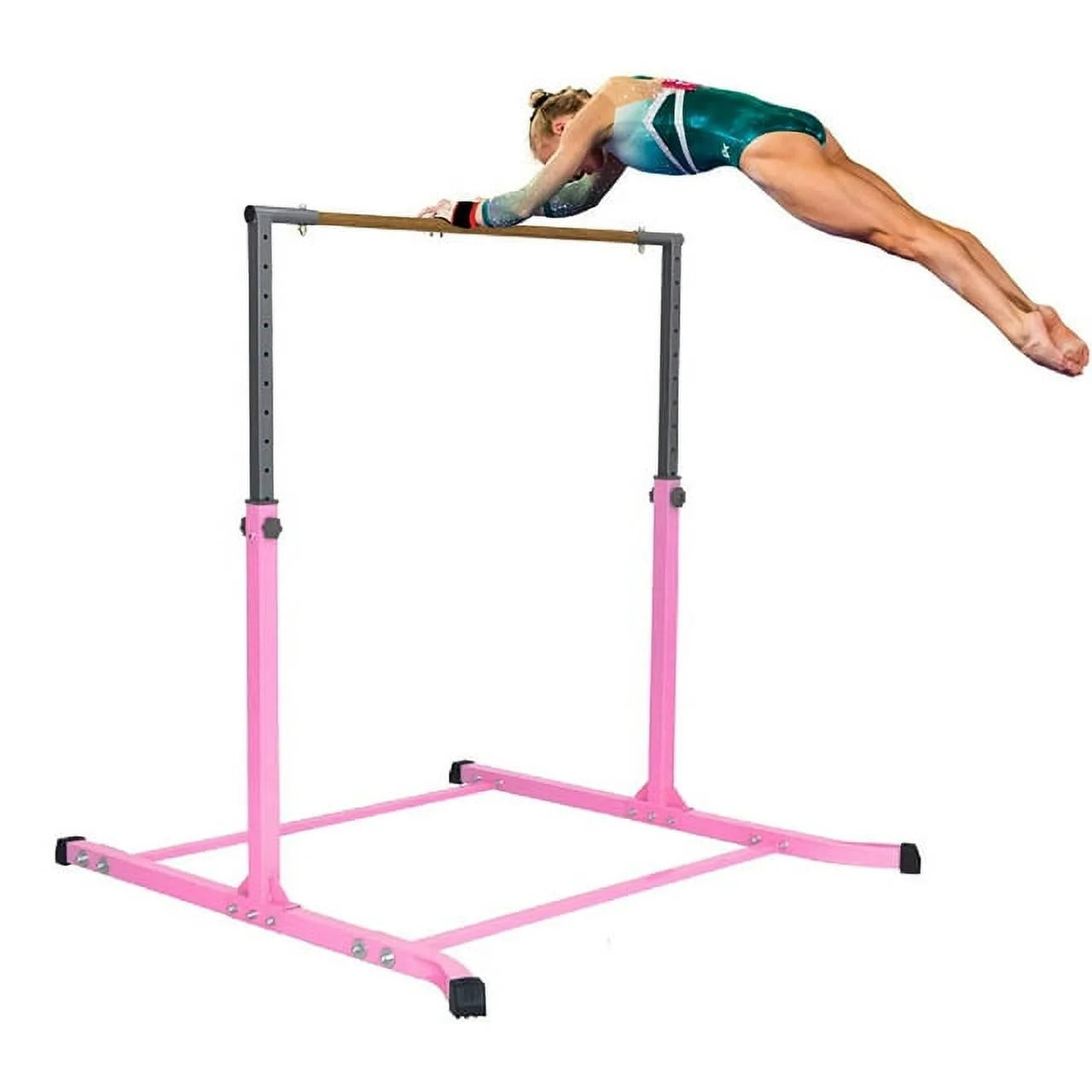 5 star-td pink gymnastic kip bar - adjustable 3-5ft junior training equipment, heavy duty horizontal bar with curved legs for kids home gym, strong and durable