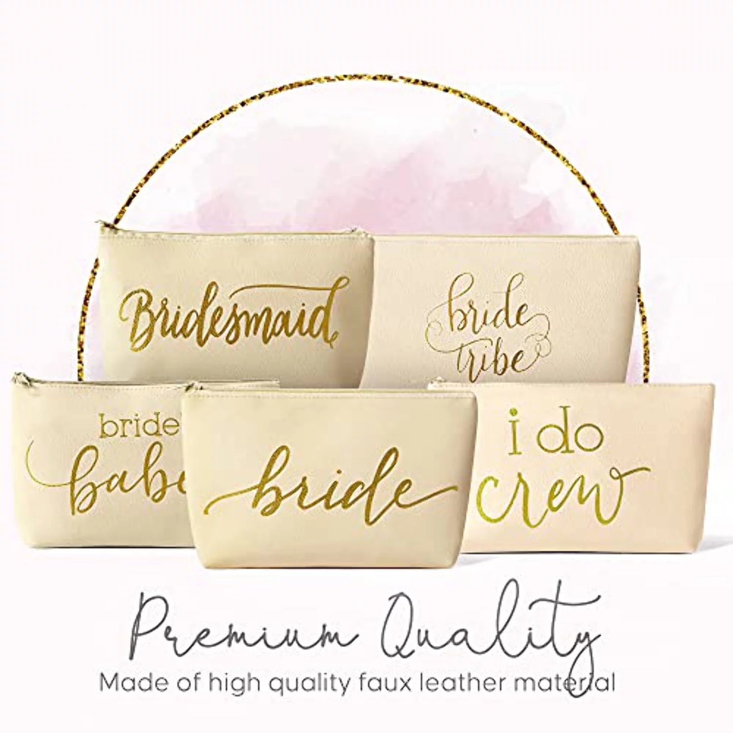 11 piece set of cream beige faux leather bride and bridal party leather makeup bags for bachelorette parties, weddings, and bridal showers