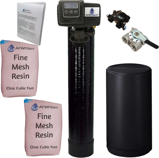 Afwfilters 2 cubic foot 64k whole home iron pro water softener with fine mesh resin, 3/4" stainless steel fnpt connection, and black tanks