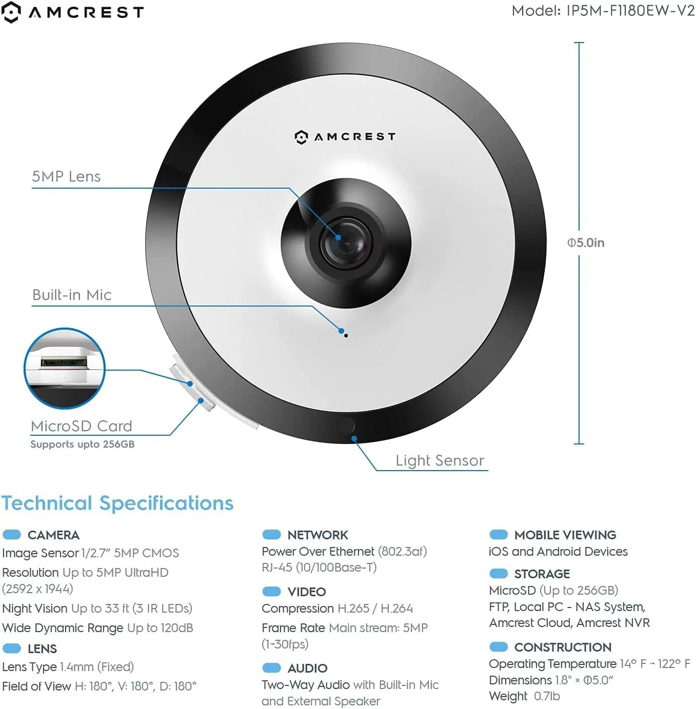 Amcrest 5-megapixel fisheye camera, ultrahd security poe camera indoor, 1.4mm lens, 33ft nightvision, 360° panoramic camera coverage, cloud and microsd recording, ip5m-f1180ew (white)