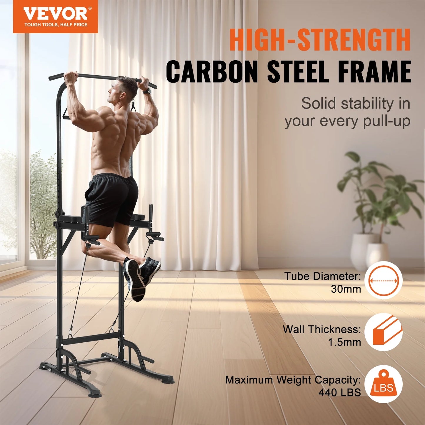 Skyshalo power tower dip station, heavy duty carbon steel frame pull up bar stand power rack w/ backrest elbow pad, height adjustable strength training equipment for fitness home workout