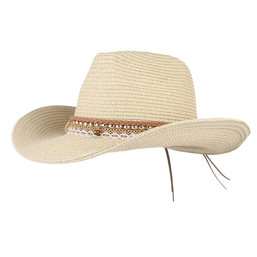 Women straw sun hat cowboy western style big brim floppy packable trilby beige