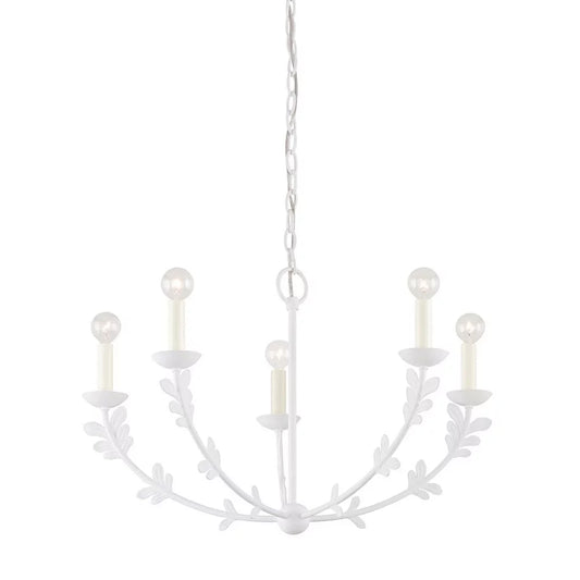 Whimsical style 5-light chandelier in gold finish with flower stems and candle-shaped bulbs 28 inches w x 17.25 inches h-white finish bailey street