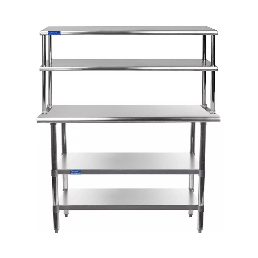 14" x 60" stainless steel work table with two shelves | 12" wide double tier overshelf | metal kitchen prep table & shelving combo