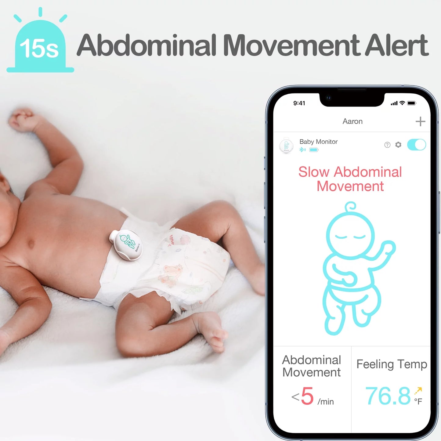 Sense-u smart baby abdominal movement monitor - tracks baby's abdominal movement, temperature, rollover and sleeping position for baby safety with instant audio alerts on smartphones, pink