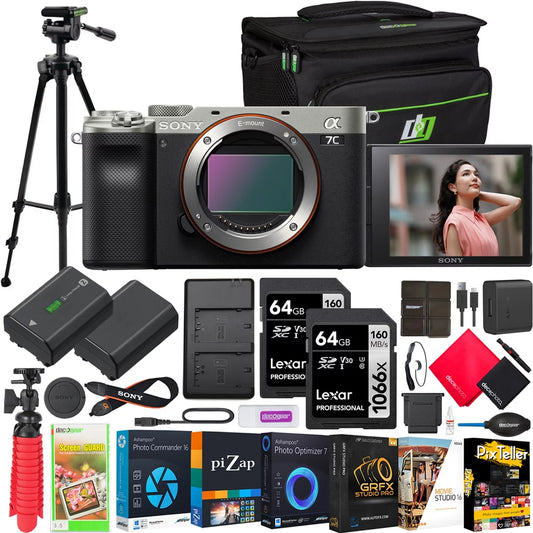 Sony a7c mirrorless full frame camera body ilce7c/s silver bundle with deco gear photography case + full size pro tripod + extra battery, dual charger, software kit and accessories