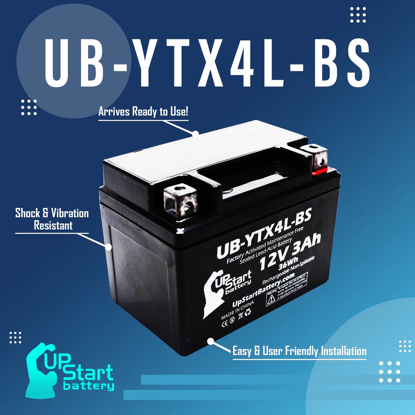 2-pack replacement 2008 bombardier (can-am) ds90, ds90f, quest 90cc factory activated, maintenance free, atv battery - 12v, 3ah, ub-ytx4l-bs