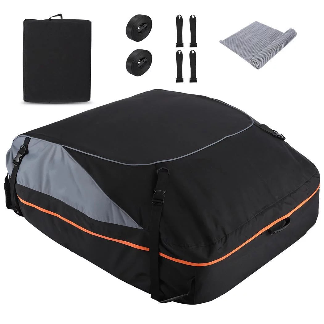 Adnoom car roof bag 100% waterproof rooftop cargo carrier, 16 cu ft car luggage storage bag, soft sided car top carrier bag black, orange