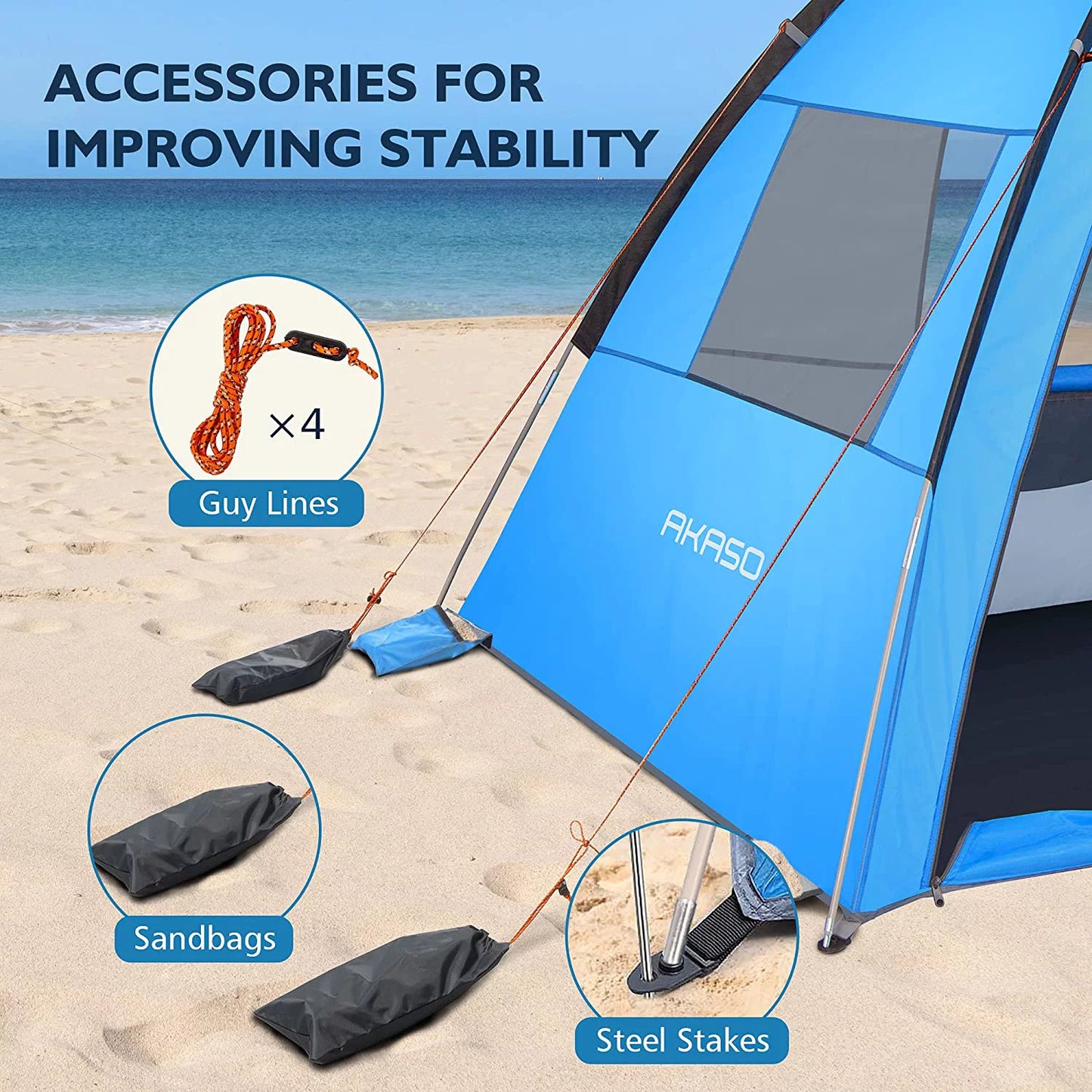 Akaso beach tent for 3-4 person, upf 50+ assemble 7.4' x 4.7' beach tent, blue