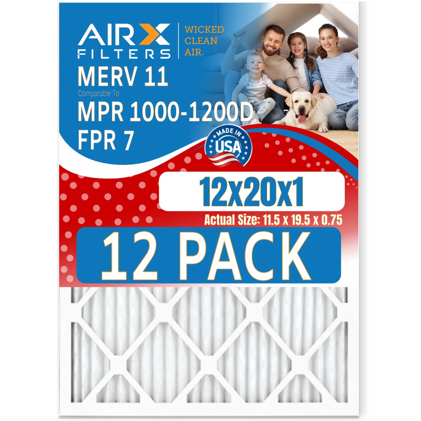 12x20x1 air filter merv 11 rating, 12 pack of furnace filters comparable to mpr 1000, mpr 1200 & fpr 7 - made in usa by airx filters wicked clean air.