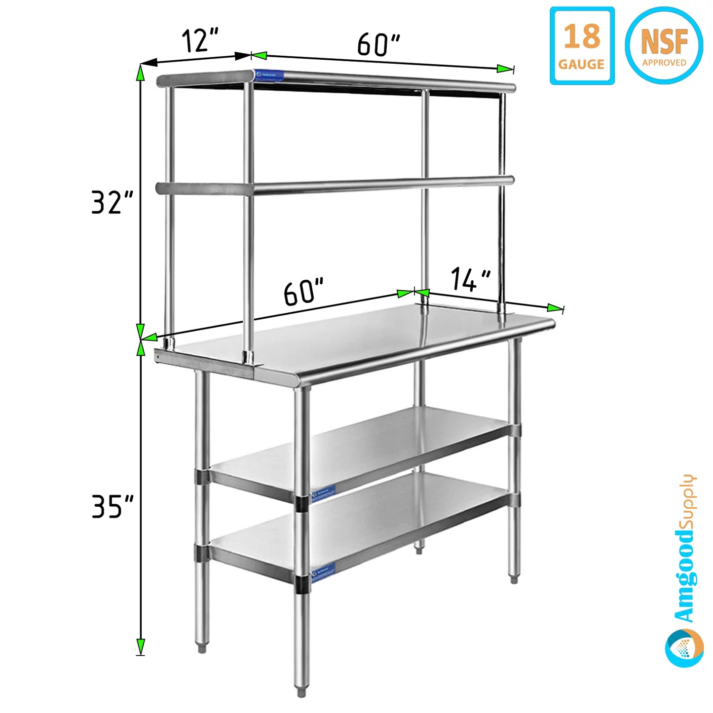 14" x 60" stainless steel work table with two shelves | 12" wide double tier overshelf | metal kitchen prep table & shelving combo