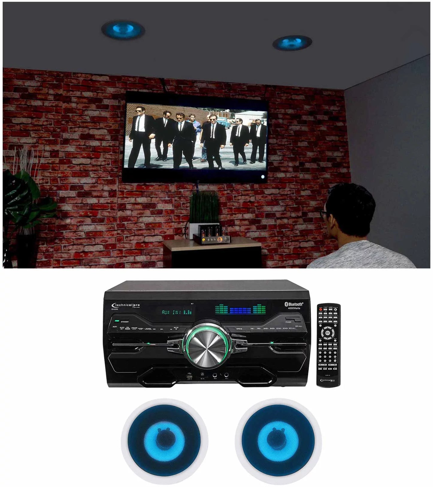 Technical pro dv4000 home theater dvd receiver+(2) 8" blue led ceiling speakers