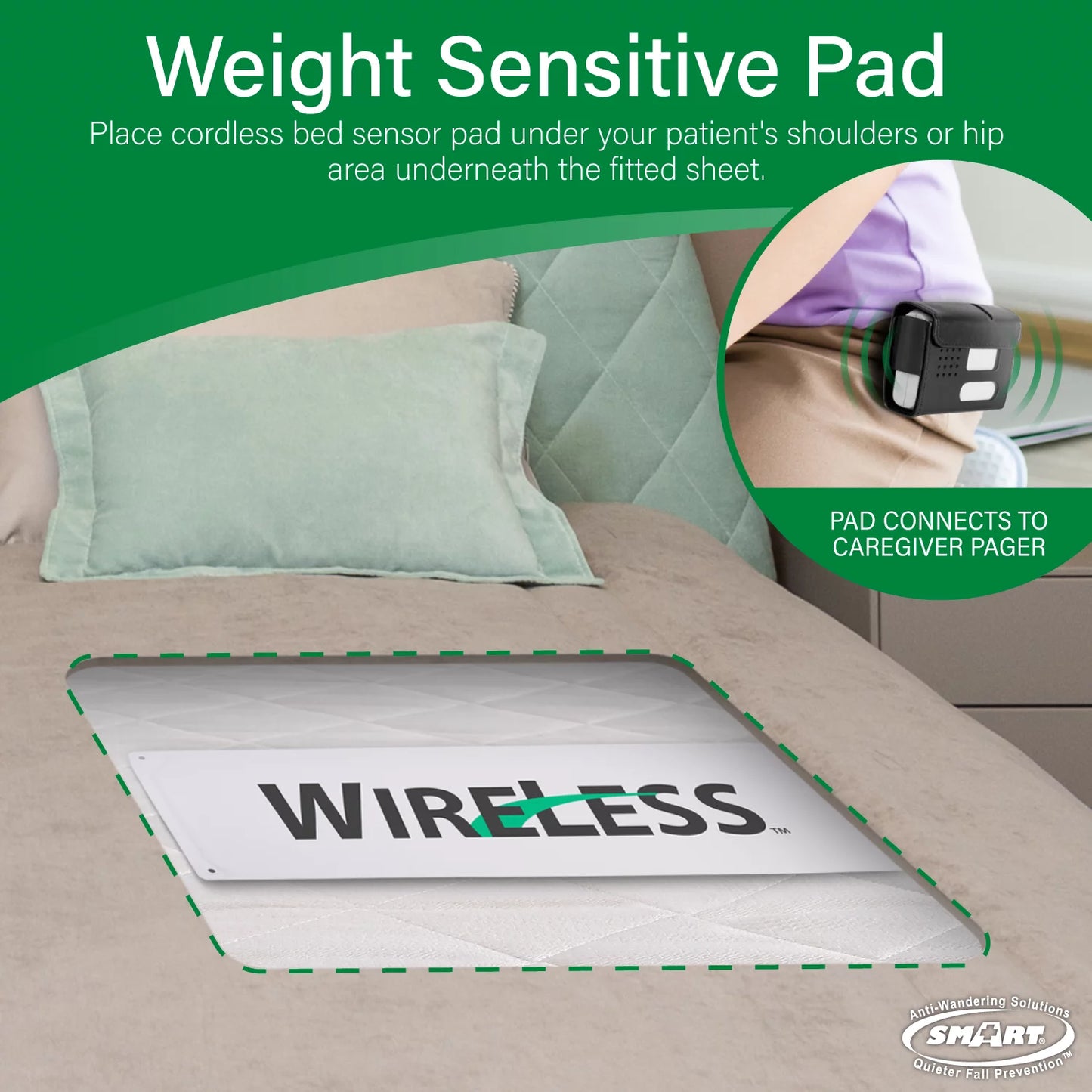 Smart caregiver wireless bed pad alarm system with weight sensor and pager for fall prevention | 10" x 30" alarm pad for bed alerts medical caregiver | cordless bed alarm with up to 300' range