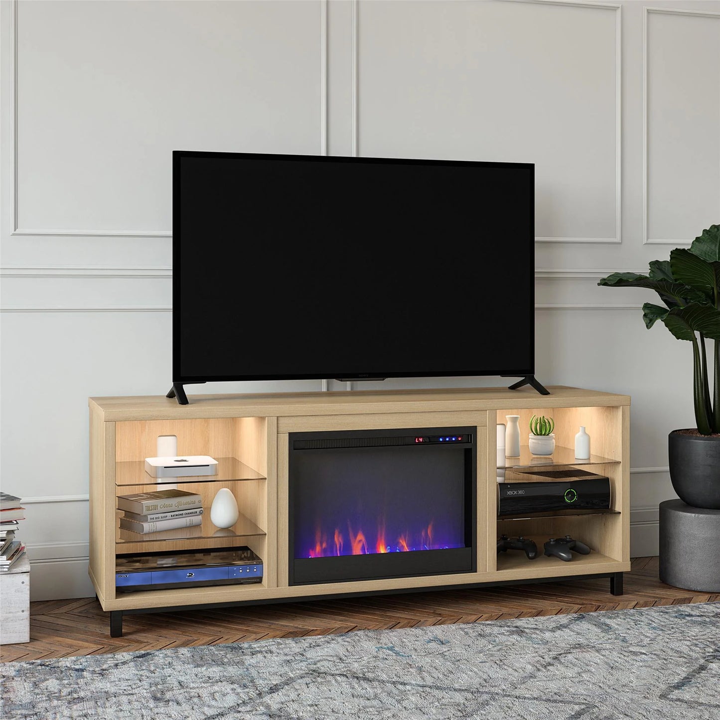 Ameriwood home lumina deluxe fireplace tv stand for tvs up to 70" in blonde oak