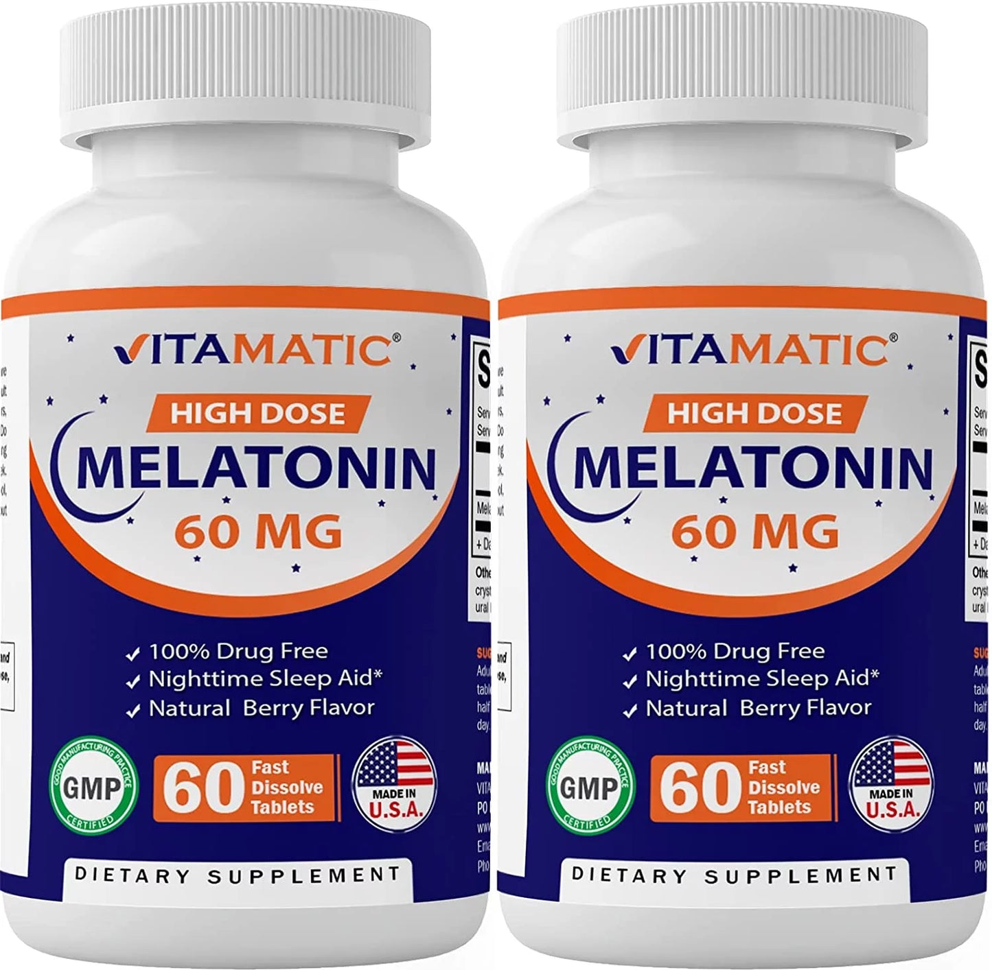 Vitamatic melatonin 60mg fast dissolve tablets - 60 vegan natural berry flavor tablets - non-habit forming - non-gmo, gluten free (2 bottles)