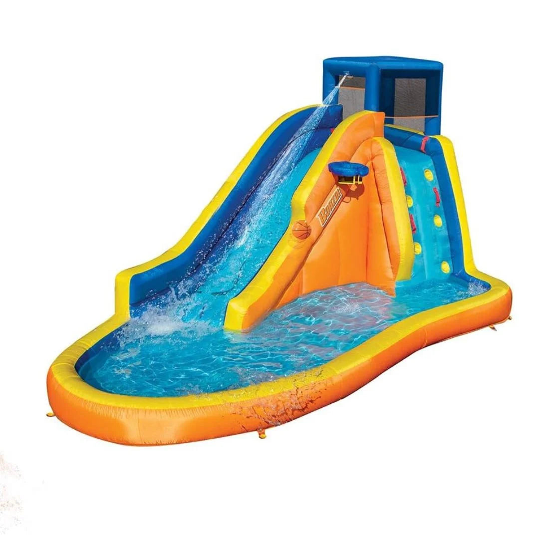 Banzai inflatable water slide - huge kids pool (14 feet long by 8 feet high) with built in sprinkler wave and basketball hoop