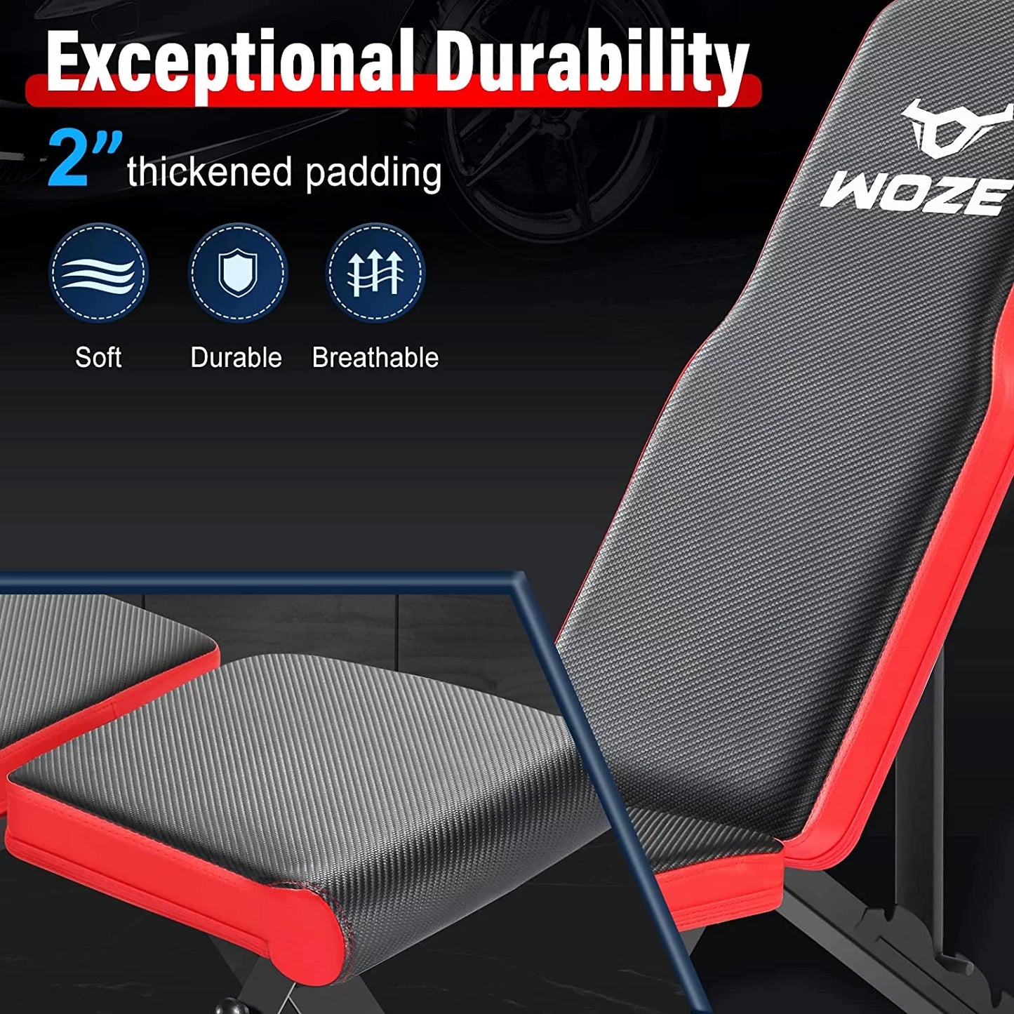 Woze adjustable weight bench, foldable workout bench for full body strength training, multi-purpose decline incline bench for home gym - new version