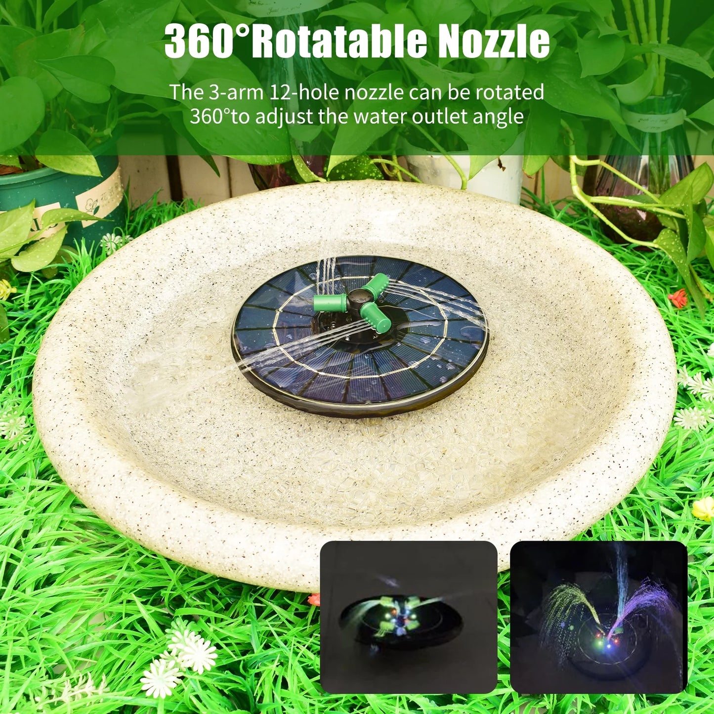 Yabuy 4w rotatable nozzle solar water pump with battery, colorful led light fountain for small pond