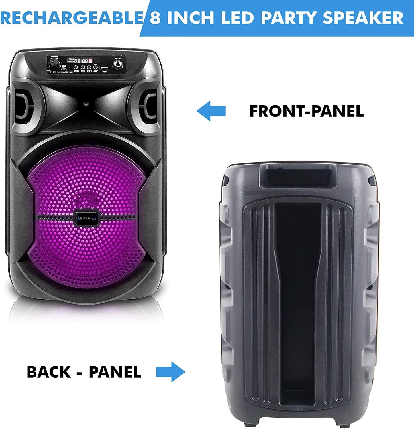 8 inch portable 500 watts bluetooth speaker w/woofer & tweeter w/digital processing, xlr to 1/4" for karaoke (black, speaker)