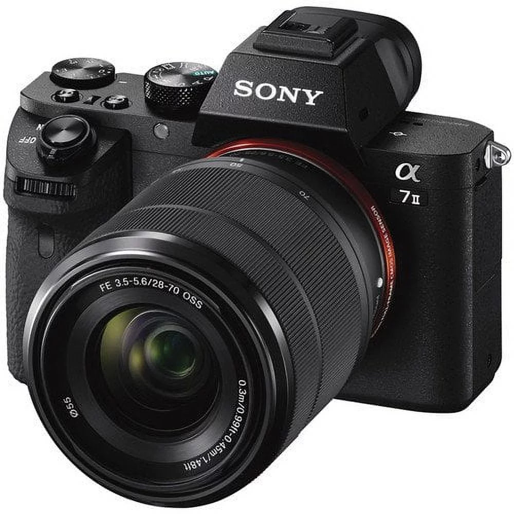 Sony alpha a7 ii mirrorless camera with fe 28-70mm f/3.5-5.6 oss lens ilce7m2k/b with bag, additional battery, rode mic, led light, 64gb memory card, sling soft bag, , plus essential accessories