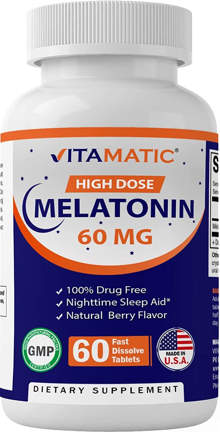 Vitamatic melatonin 60mg fast dissolve tablets - 60 vegan natural berry flavor tablets - non-habit forming - non-gmo, gluten free (2 bottles)