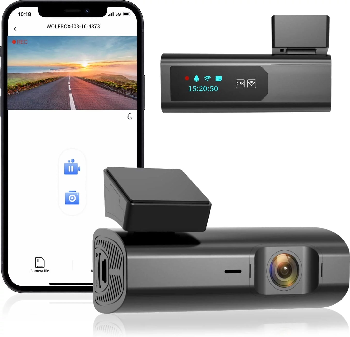 Wolfbox 2.5k full hd dash cam, dash camera with wifi, loop recording, app control, night vision, g-sensor, 24 hours parking monitor, support 64gb max