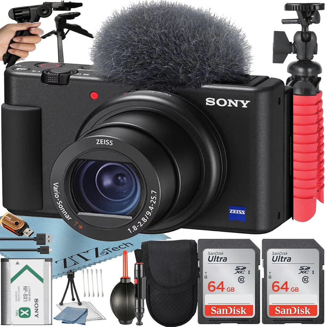 Sony zv-1f vlogging camera (black) with 2 pack sandisk 64gb memory card + tripod + case + zeetech accessory bundle