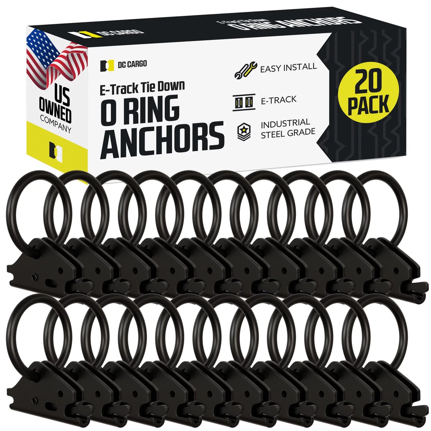 "20 e-track o ring tie-down anchors w/ e track spring fittings, steel, tie down cargo loads to etrack tiedown system rails in enclosed/flatbed trailer, truck, van, pickup"