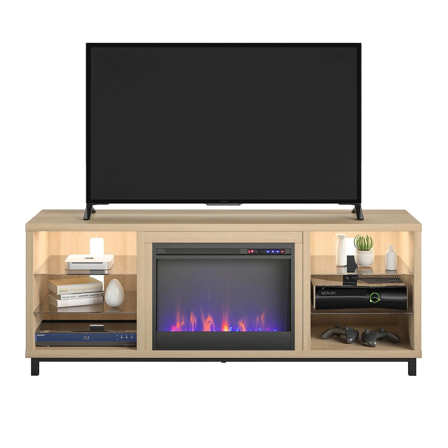 Ameriwood home lumina deluxe fireplace tv stand for tvs up to 70" in blonde oak