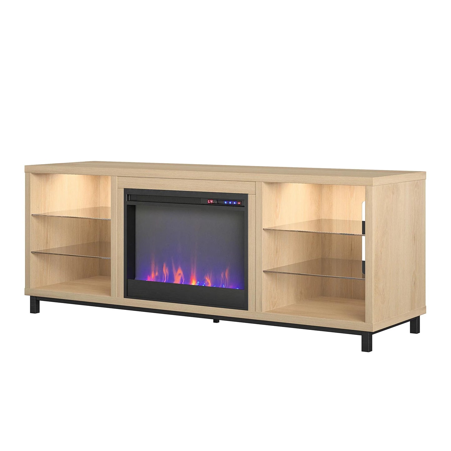 Ameriwood home lumina deluxe fireplace tv stand for tvs up to 70" in blonde oak