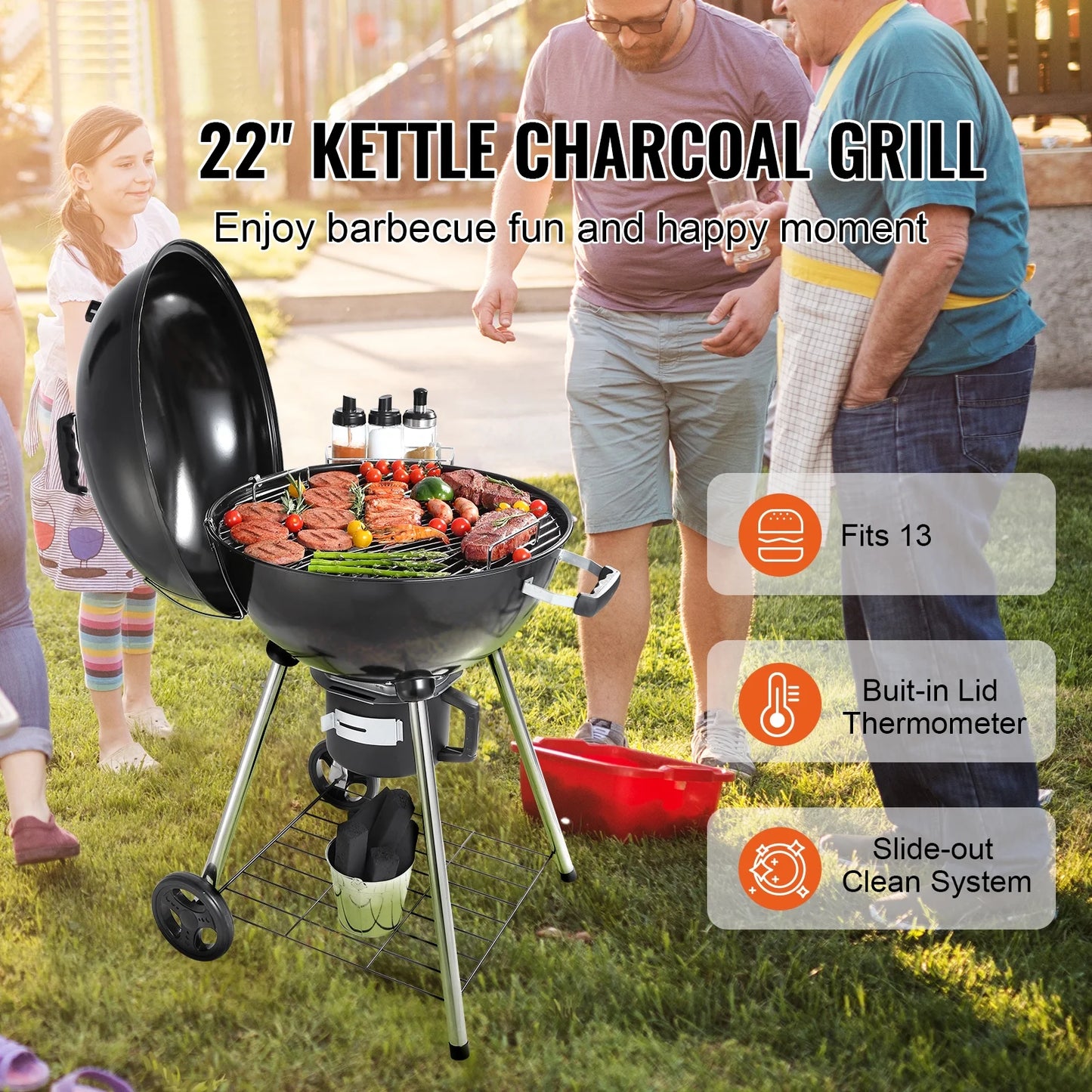 Skyshalo 22 inch kettle charcoal grill outdoor picnic patio barbecue cooking, portable grill propane gas kettle grills w/cover, iron & steel small bbq grill