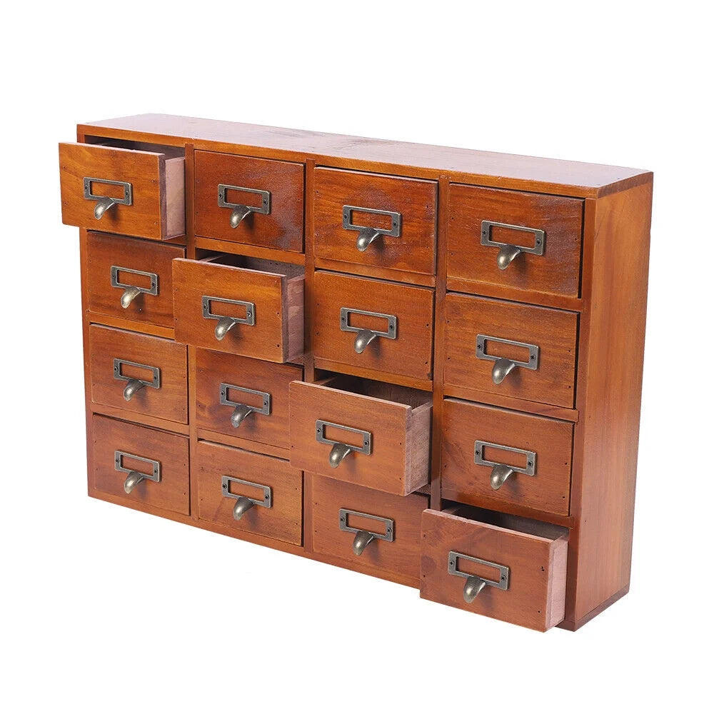 16 drawers vintage wood apothecary medicine cabinet label holder card catalog