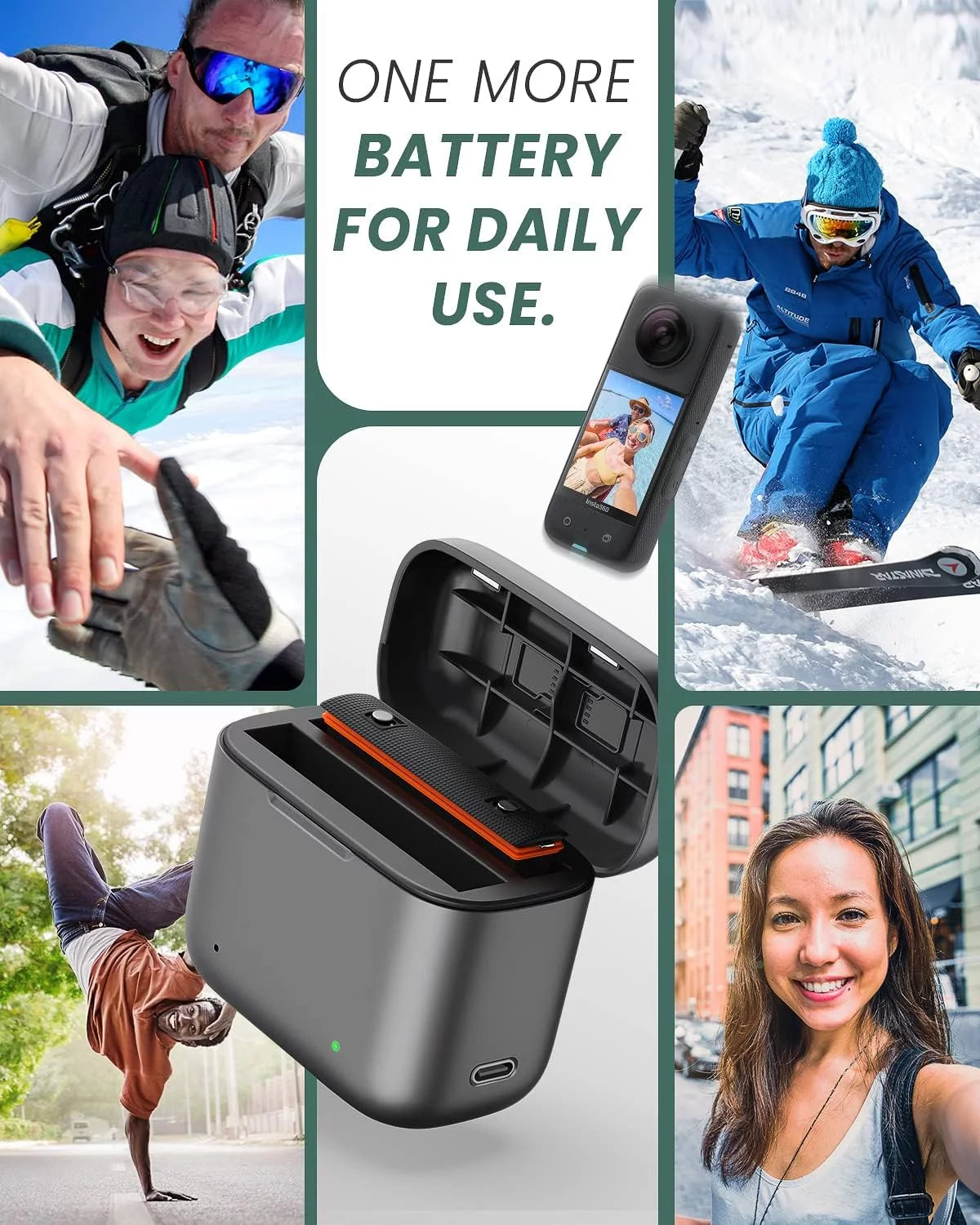 2 channel battery charging station & one battery for insta360 x3 camera 1800mah high capacity, charger station with misro sd card slots