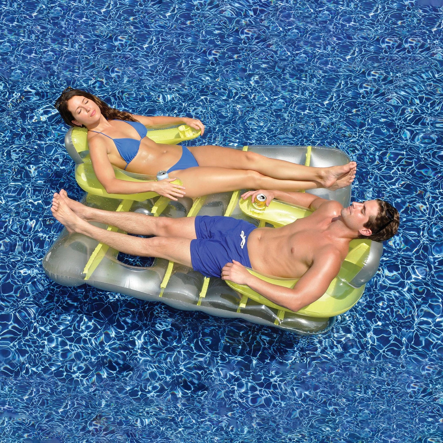 66" yellow and silver inflatable face-to-face mattress pool raft dual air mattress