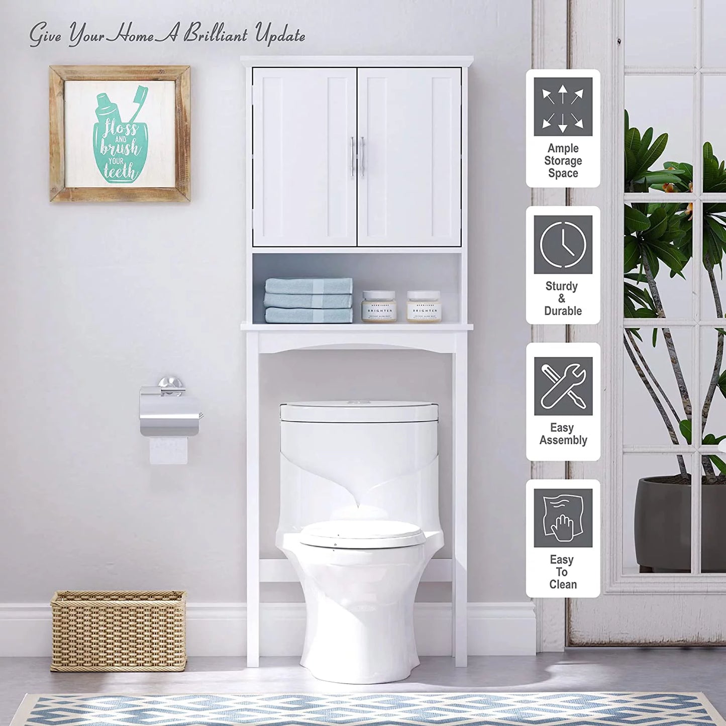 Spirich home over the toilet storage cabinet, bathroom shelf over toilet, bathroom organizer space saver, white