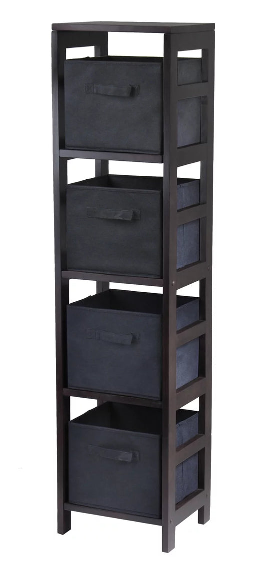 Winsome wood capri 5-pc set, narrow shelf & 4 foldable black fabric baskets, espresso finish