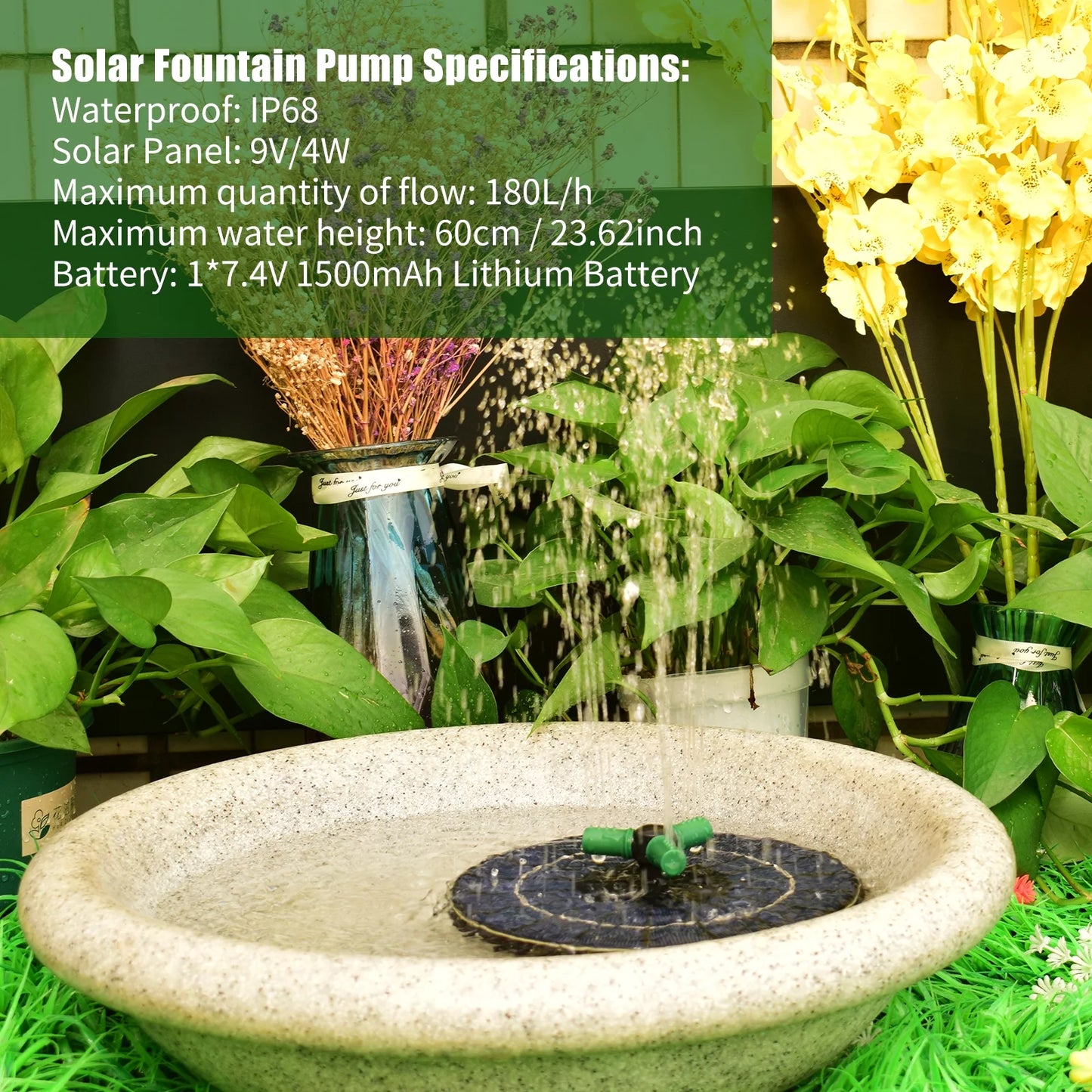 Yabuy 4w rotatable nozzle solar water pump with battery, colorful led light fountain for small pond