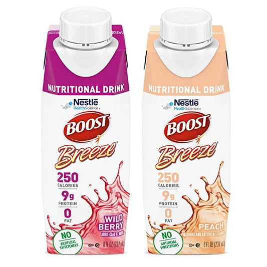 Boost breeze, 2-variety case, wildberry and peach flavors, 8 fl. oz. cartons 24 count