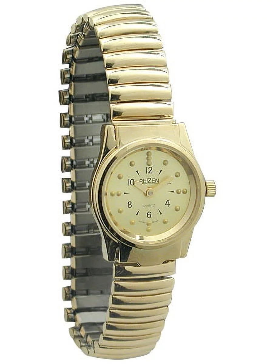 Braille gold-tone womens watch with exp. band