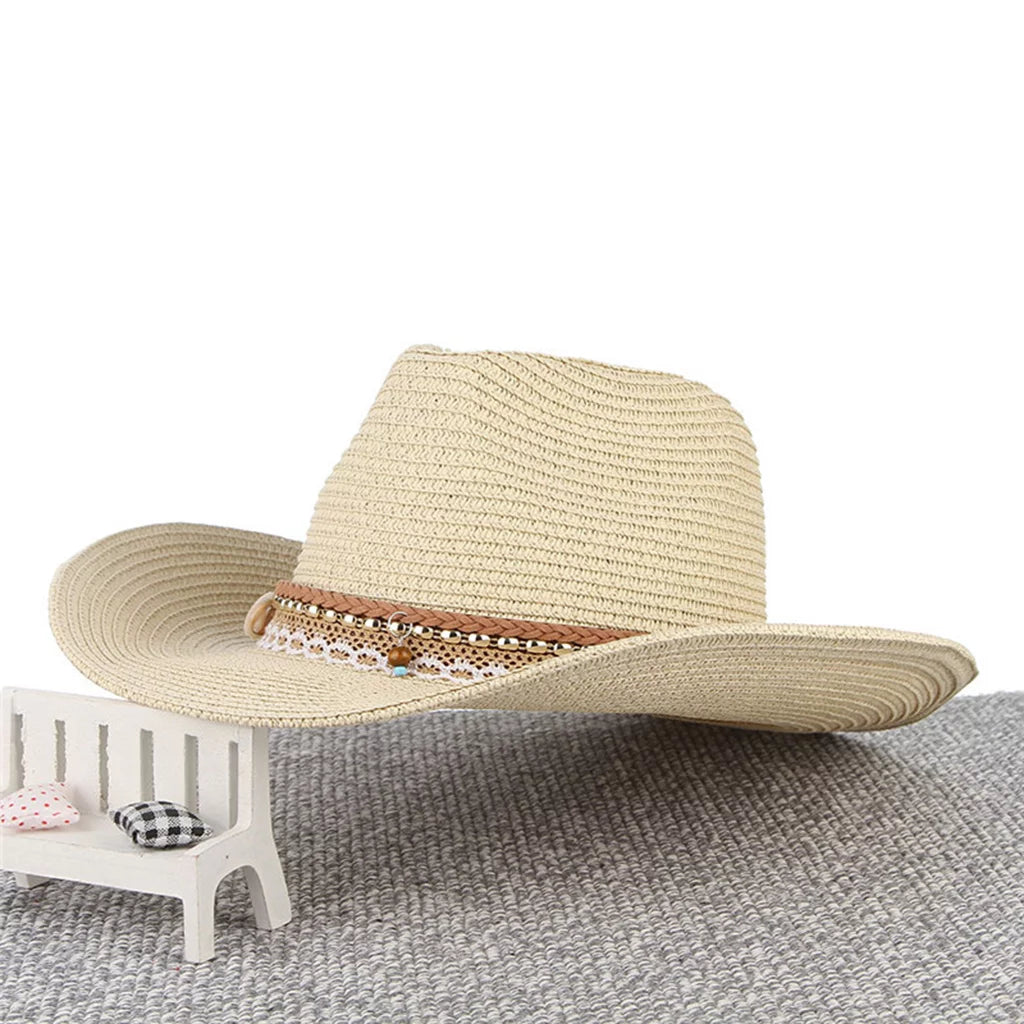 Women straw sun hat cowboy western style big brim floppy packable trilby beige